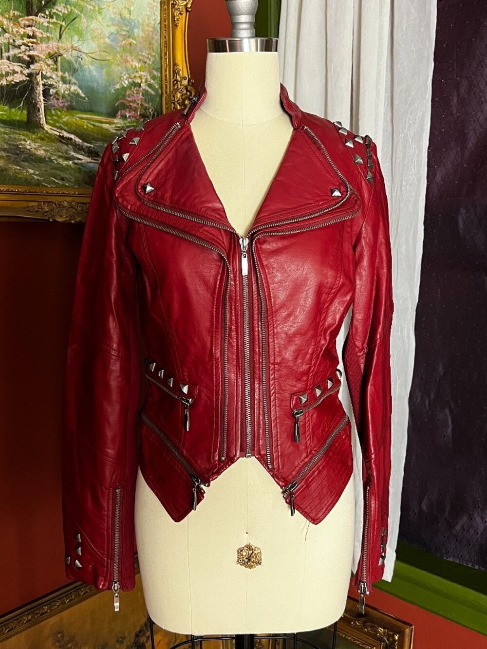 Red Leather Studded Moto Jacket